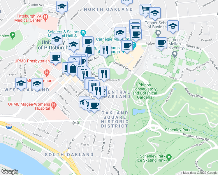 map of restaurants, bars, coffee shops, grocery stores, and more near 341 South Bouquet Street in Pittsburgh