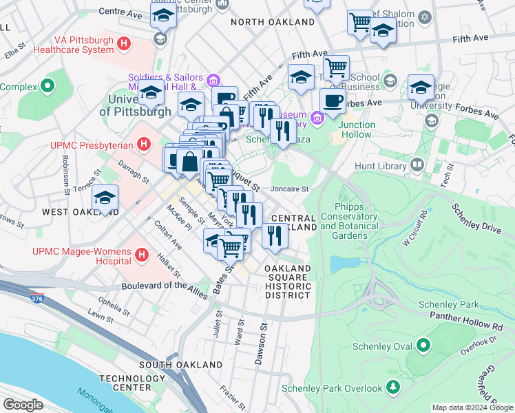 map of restaurants, bars, coffee shops, grocery stores, and more near 341 South Bouquet Street in Pittsburgh