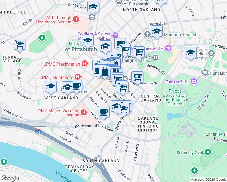 map of restaurants, bars, coffee shops, grocery stores, and more near 253 Atwood Street in Pittsburgh
