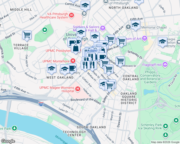 map of restaurants, bars, coffee shops, grocery stores, and more near in Pittsburgh