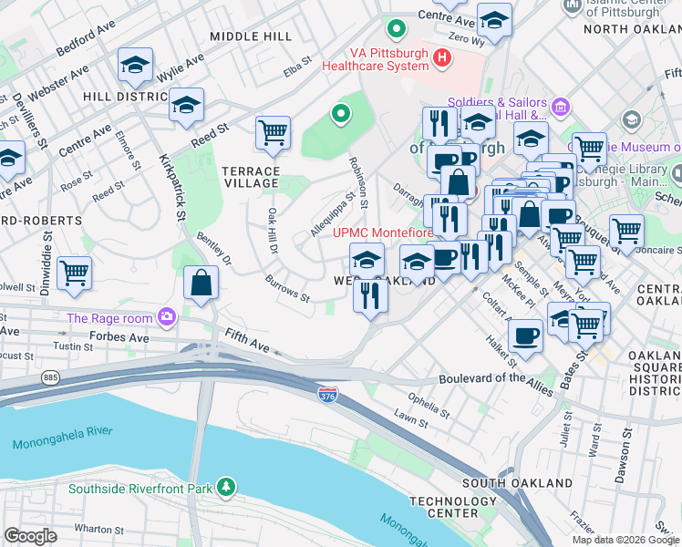 map of restaurants, bars, coffee shops, grocery stores, and more near 3124 Terrace Street in Pittsburgh