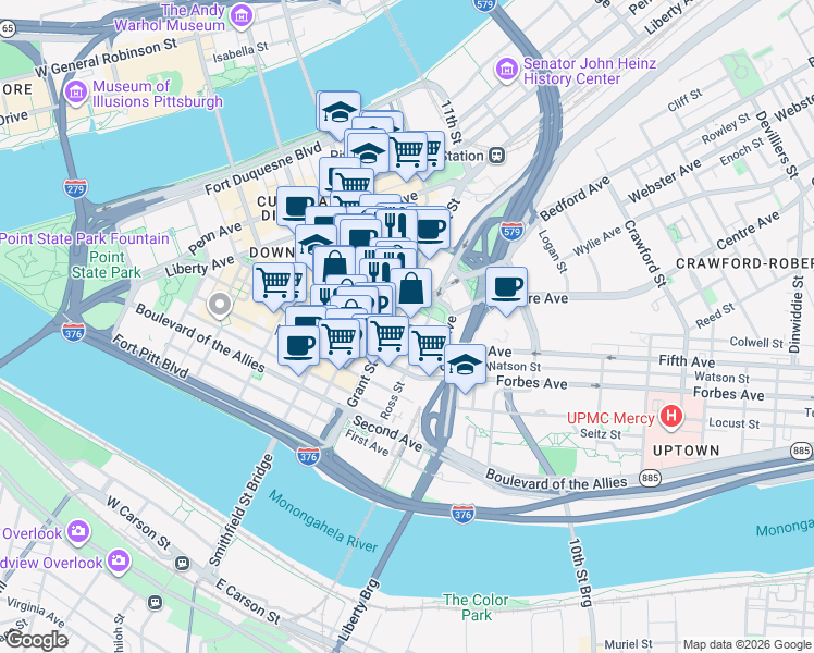 map of restaurants, bars, coffee shops, grocery stores, and more near in Pittsburgh
