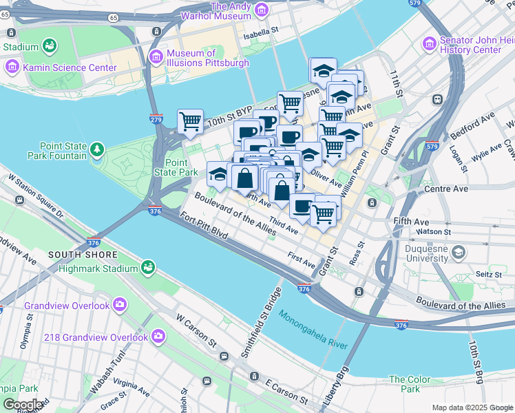 map of restaurants, bars, coffee shops, grocery stores, and more near 3 PPG Place in Pittsburgh