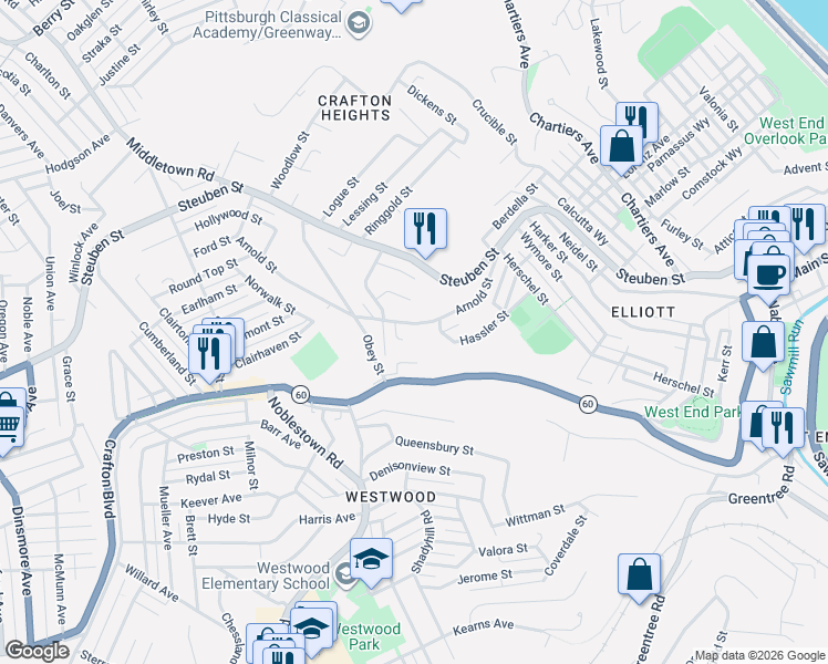 map of restaurants, bars, coffee shops, grocery stores, and more near 1438 Arnold Street in Pittsburgh