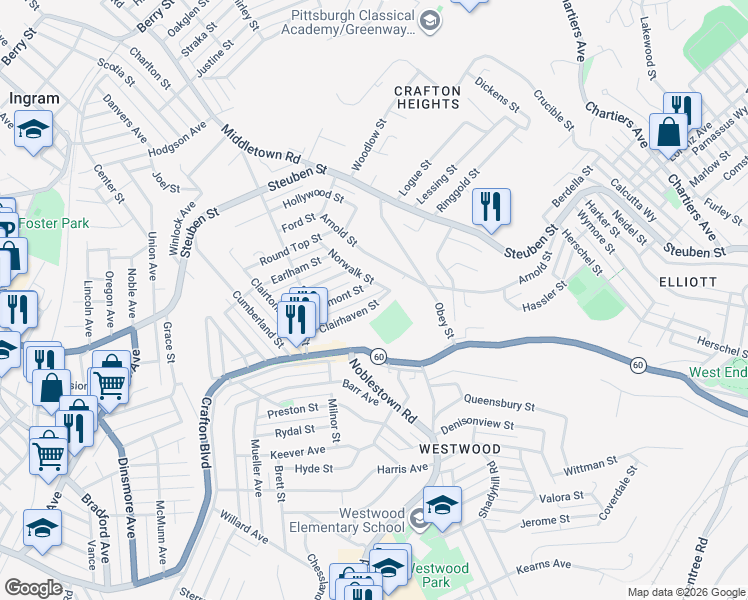 map of restaurants, bars, coffee shops, grocery stores, and more near 144 Elmont Street in Pittsburgh