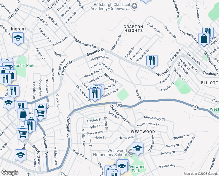 map of restaurants, bars, coffee shops, grocery stores, and more near 144 Elmont Street in Pittsburgh