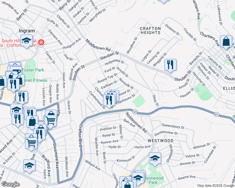 map of restaurants, bars, coffee shops, grocery stores, and more near 1233 Oakmont Street in Pittsburgh