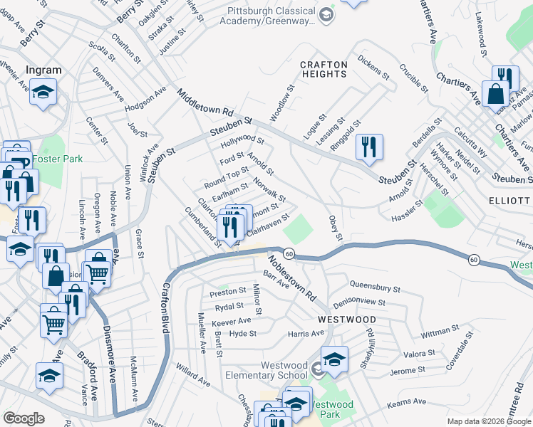 map of restaurants, bars, coffee shops, grocery stores, and more near 144 Elmont Street in Pittsburgh