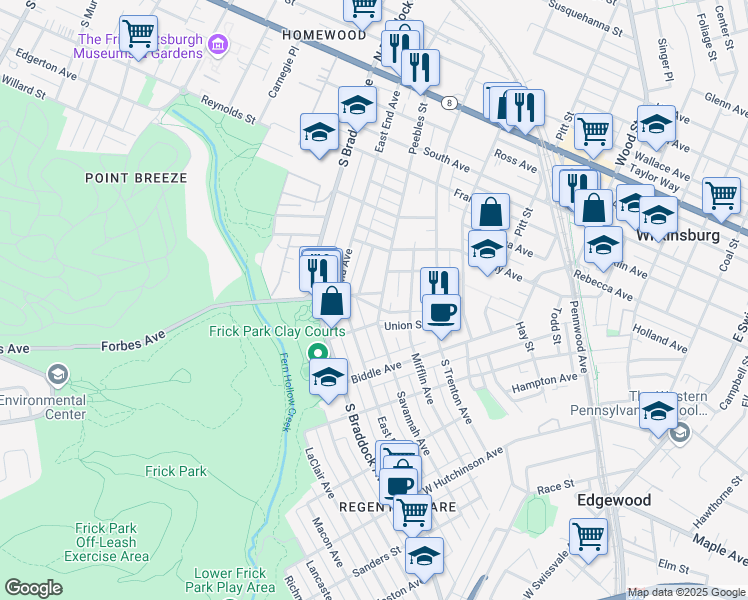 map of restaurants, bars, coffee shops, grocery stores, and more near 7739 Forbes Avenue in Pittsburgh