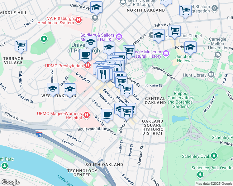 map of restaurants, bars, coffee shops, grocery stores, and more near 245 Meyran Avenue in Pittsburgh