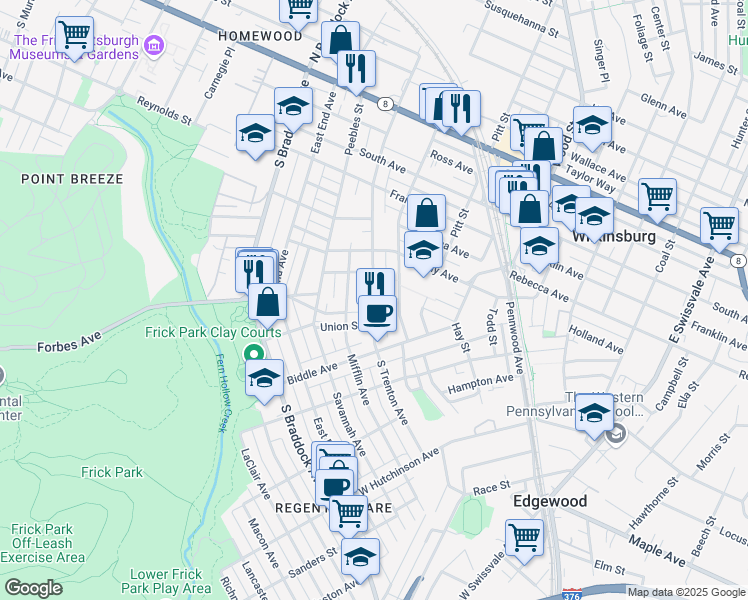 map of restaurants, bars, coffee shops, grocery stores, and more near 568 South Trenton Avenue in Pittsburgh