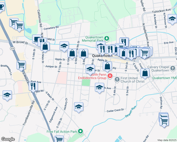map of restaurants, bars, coffee shops, grocery stores, and more near 712 Juniper Street in Quakertown