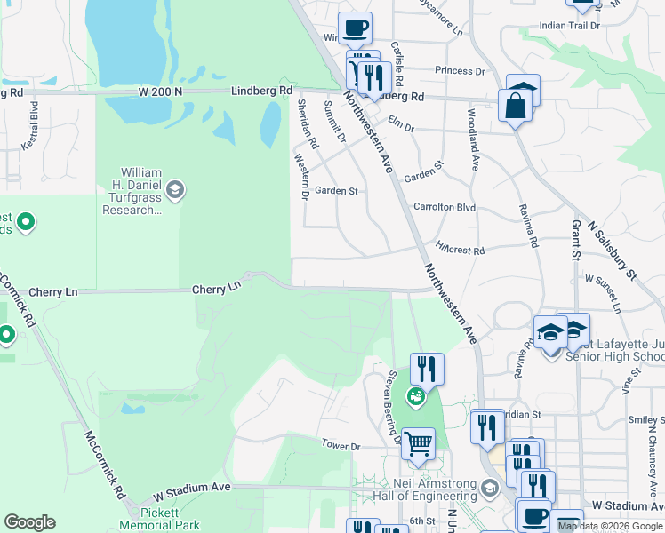 map of restaurants, bars, coffee shops, grocery stores, and more near 1114 Hillcrest Road in West Lafayette