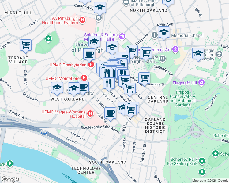 map of restaurants, bars, coffee shops, grocery stores, and more near 220 Meyran Avenue in Pittsburgh