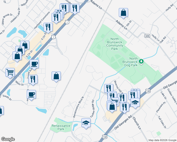 map of restaurants, bars, coffee shops, grocery stores, and more near 107 Amy Drive in North Brunswick Township
