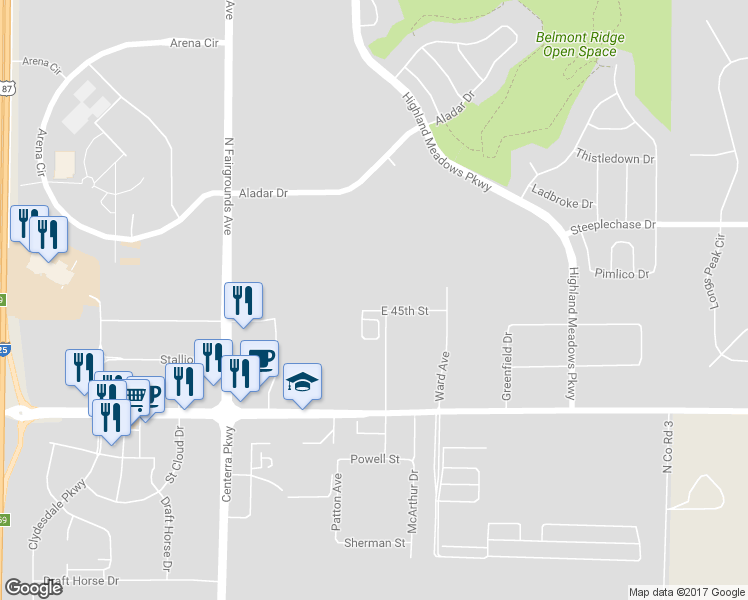 map of restaurants, bars, coffee shops, grocery stores, and more near 6775 E 45th St in Loveland
