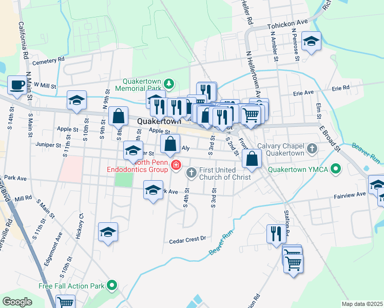 map of restaurants, bars, coffee shops, grocery stores, and more near 335 Juniper Street in Quakertown