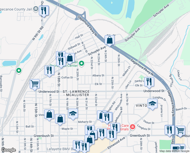 map of restaurants, bars, coffee shops, grocery stores, and more near 2300 North 23rd Street in Lafayette