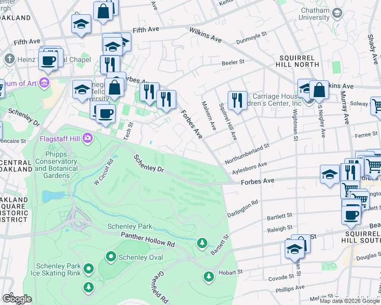 map of restaurants, bars, coffee shops, grocery stores, and more near 303 Schenley Road in Pittsburgh