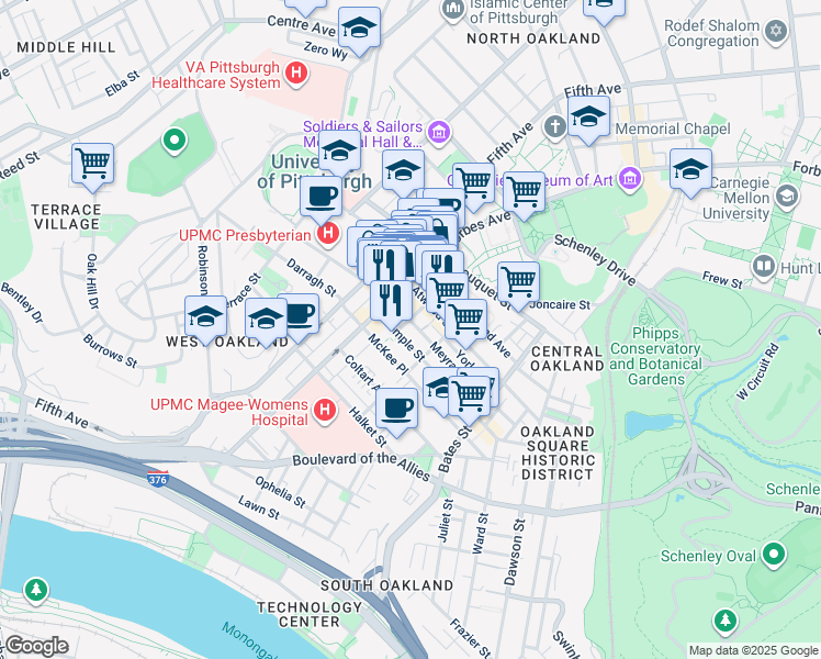 map of restaurants, bars, coffee shops, grocery stores, and more near 220 Meyran Avenue in Pittsburgh