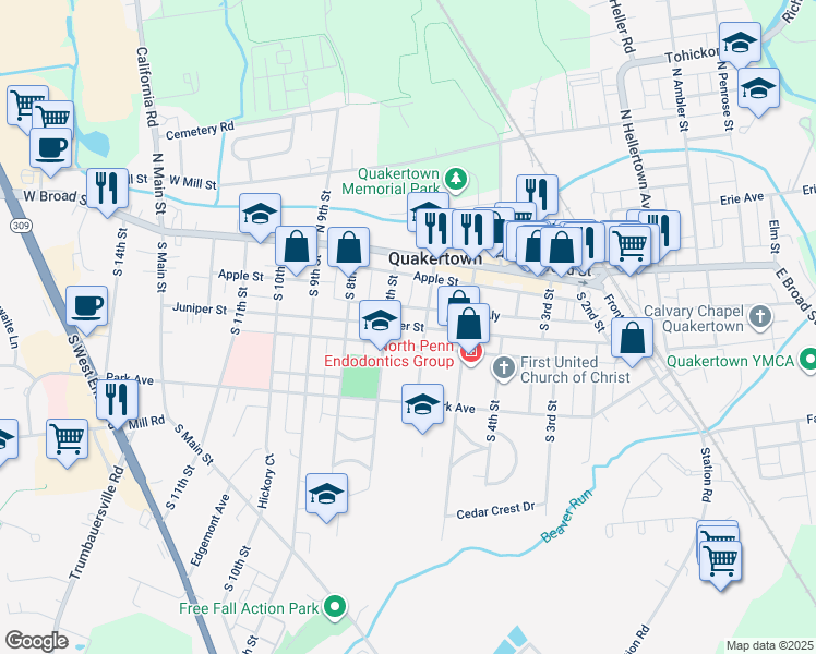 map of restaurants, bars, coffee shops, grocery stores, and more near 612 Juniper Street in Quakertown