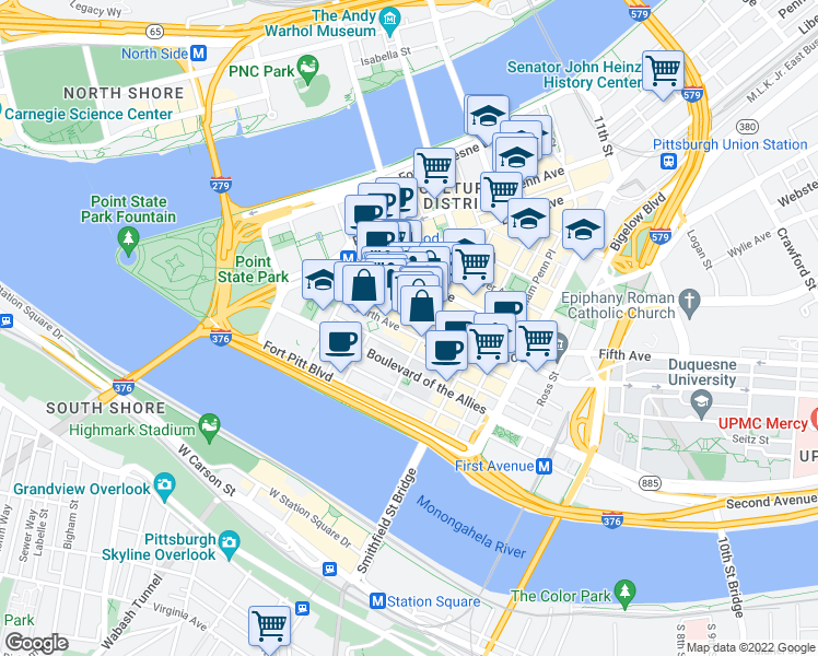 map of restaurants, bars, coffee shops, grocery stores, and more near 239 Fourth Avenue in Pittsburgh