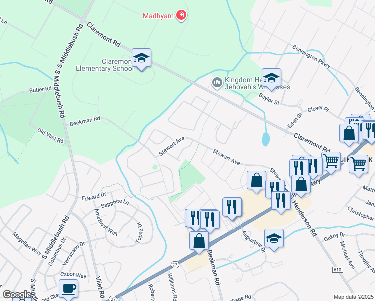 map of restaurants, bars, coffee shops, grocery stores, and more near 2 Amberly Court in Franklin Township