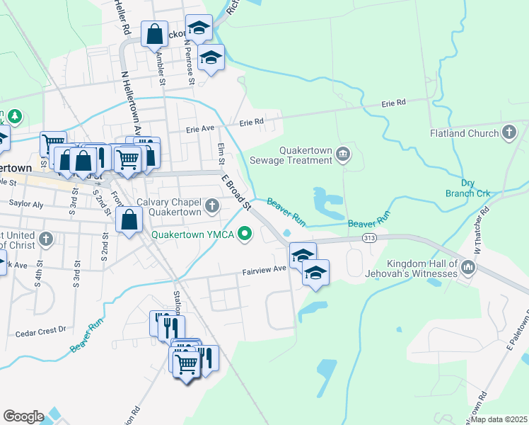 map of restaurants, bars, coffee shops, grocery stores, and more near 609 East Broad Street in Quakertown