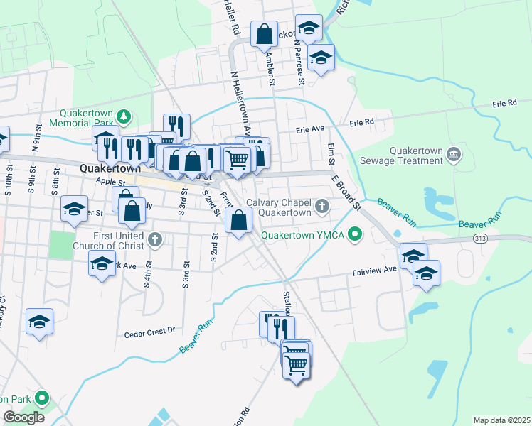 map of restaurants, bars, coffee shops, grocery stores, and more near 224 Franklin Street in Quakertown