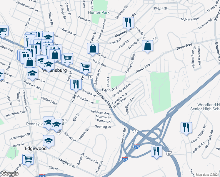 map of restaurants, bars, coffee shops, grocery stores, and more near 1114 East Street in Pittsburgh