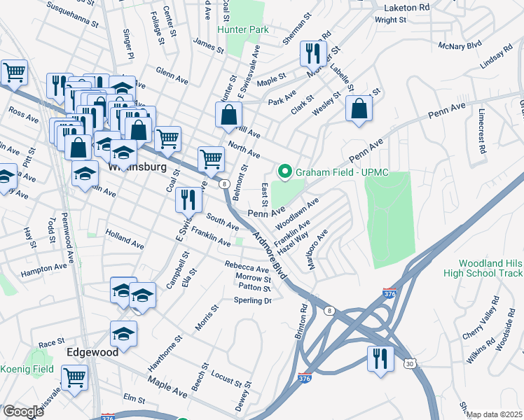 map of restaurants, bars, coffee shops, grocery stores, and more near 128 Angela Drive in Pittsburgh