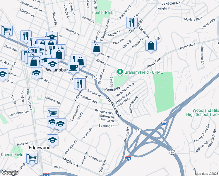 map of restaurants, bars, coffee shops, grocery stores, and more near 128 Angela Drive in Pittsburgh