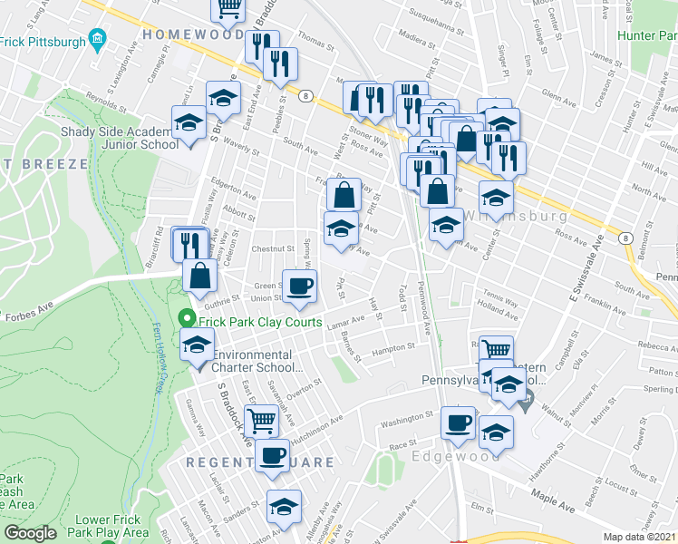 map of restaurants, bars, coffee shops, grocery stores, and more near 400 Kelly Avenue in Pittsburgh