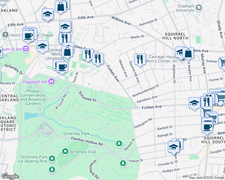 map of restaurants, bars, coffee shops, grocery stores, and more near 303 Schenley Road in Pittsburgh