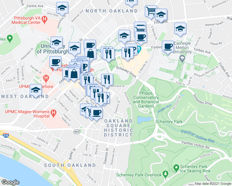 map of restaurants, bars, coffee shops, grocery stores, and more near 418 Yarrow Way in Pittsburgh