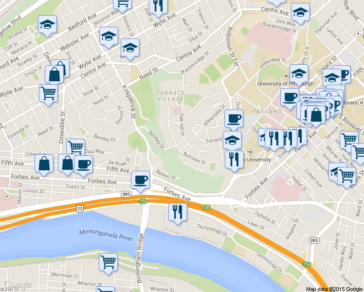 map of restaurants, bars, coffee shops, grocery stores, and more near 142 Oak Hill Drive in Pittsburgh