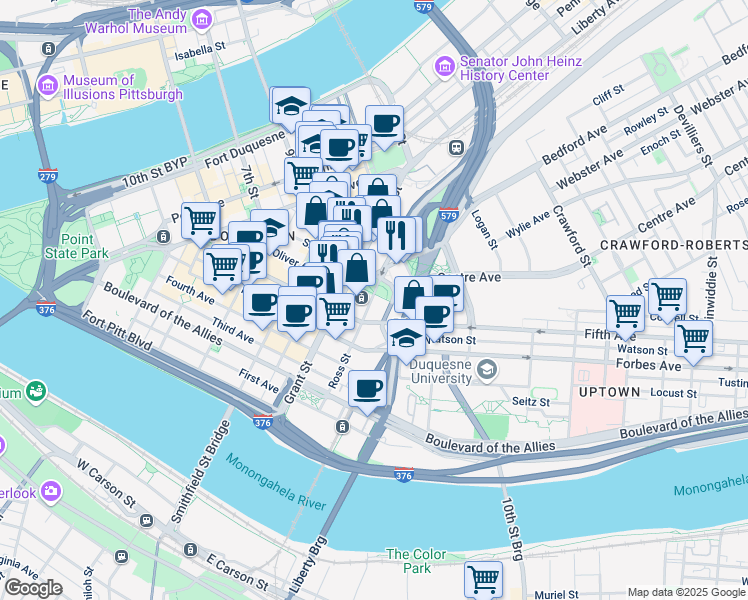 map of restaurants, bars, coffee shops, grocery stores, and more near in Pittsburgh