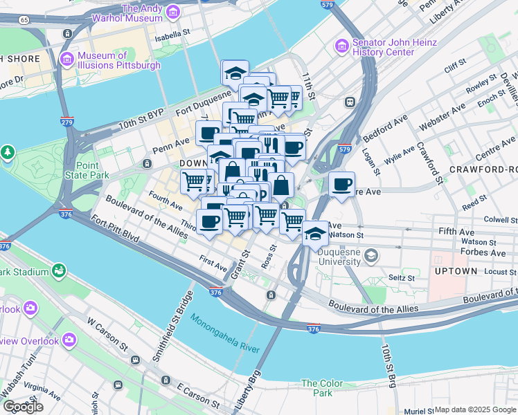 map of restaurants, bars, coffee shops, grocery stores, and more near in Pittsburgh