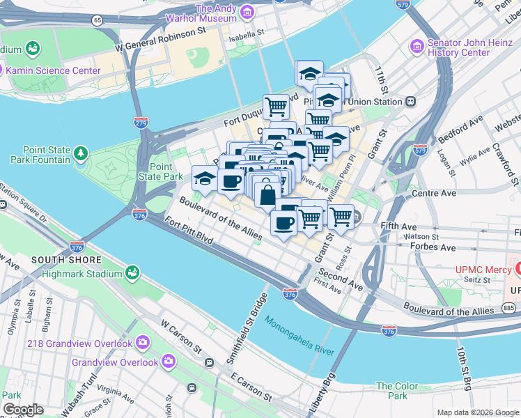 map of restaurants, bars, coffee shops, grocery stores, and more near 239 Fourth Avenue in Pittsburgh