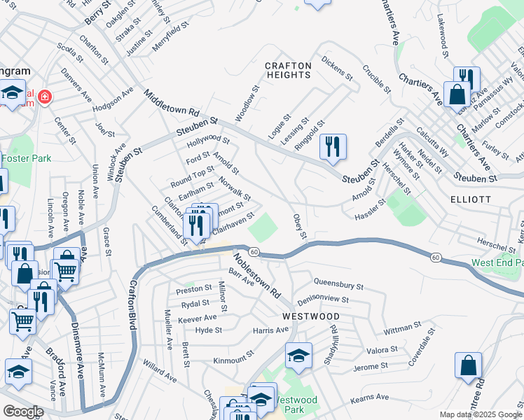 map of restaurants, bars, coffee shops, grocery stores, and more near 210 Clairhaven Street in Pittsburgh