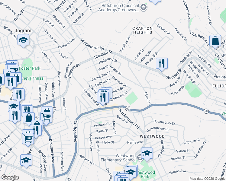 map of restaurants, bars, coffee shops, grocery stores, and more near 1233 Oakmont Street in Pittsburgh