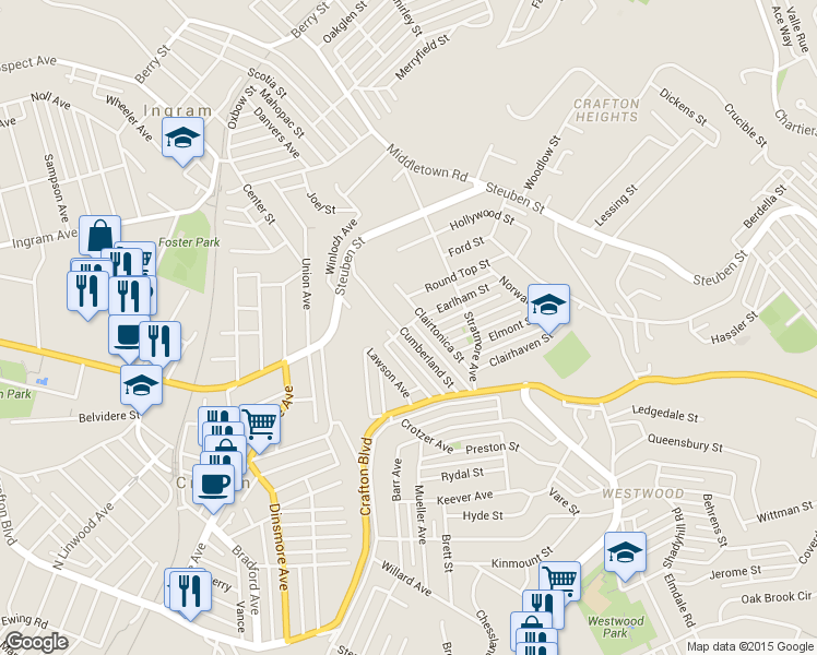 map of restaurants, bars, coffee shops, grocery stores, and more near 1583 Clairtonica Street in Pittsburgh