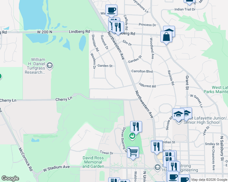 map of restaurants, bars, coffee shops, grocery stores, and more near 1006 Hillcrest Road in West Lafayette
