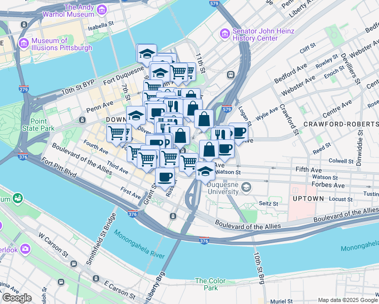 map of restaurants, bars, coffee shops, grocery stores, and more near 500 Ross Street in Pittsburgh