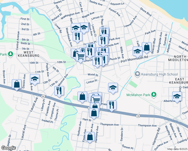 map of restaurants, bars, coffee shops, grocery stores, and more near 20 Wood Street in Keansburg