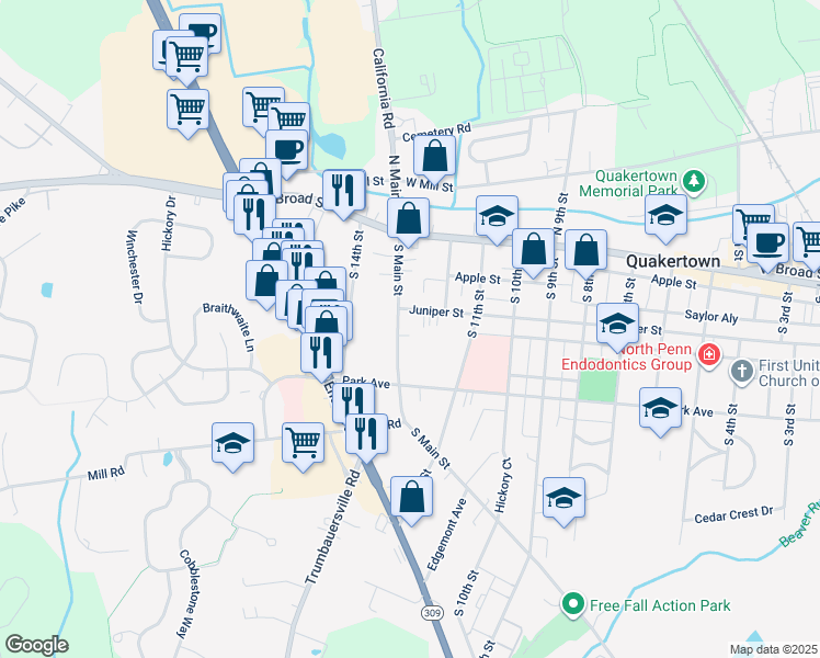 map of restaurants, bars, coffee shops, grocery stores, and more near 113 South Main Street in Quakertown
