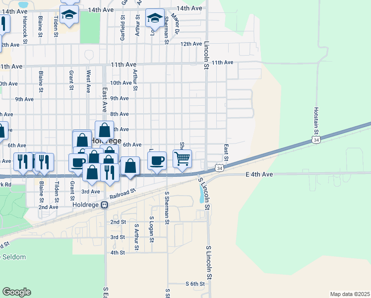 map of restaurants, bars, coffee shops, grocery stores, and more near 1300-1330 6th Avenue in Holdrege