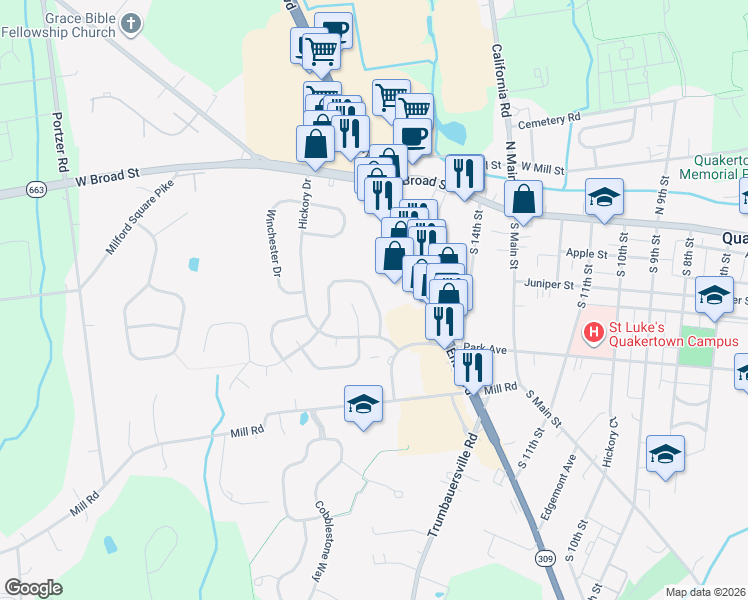 map of restaurants, bars, coffee shops, grocery stores, and more near 96 Braithwaite Lane in Quakertown