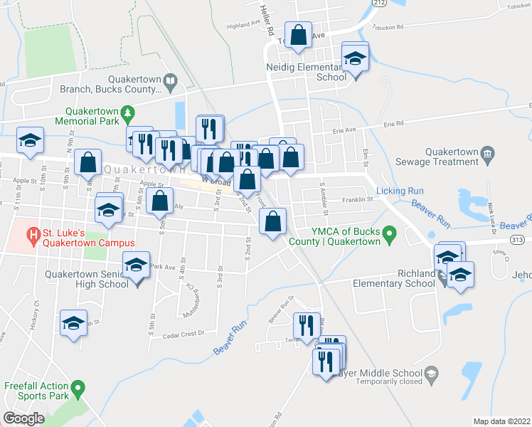 map of restaurants, bars, coffee shops, grocery stores, and more near 40 Front Street in Quakertown