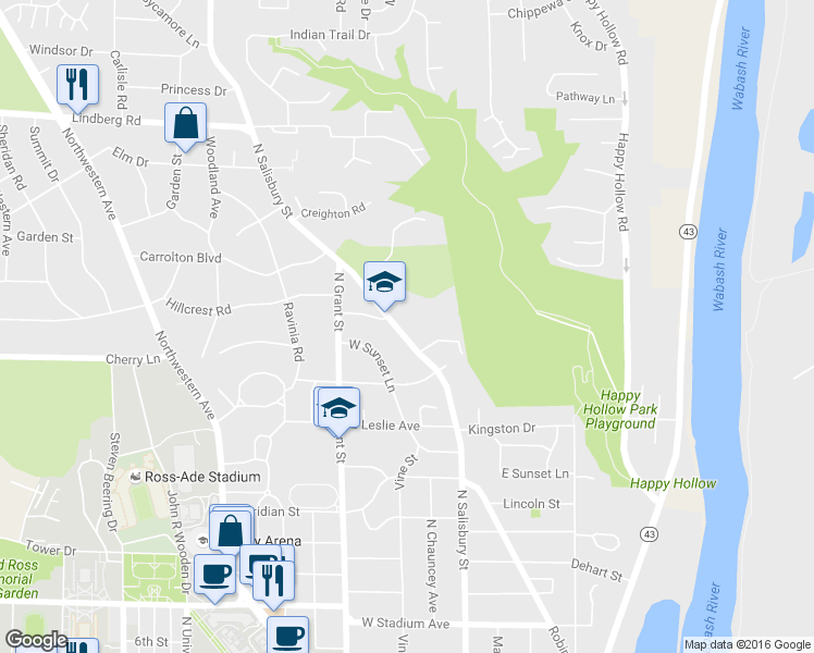 map of restaurants, bars, coffee shops, grocery stores, and more near 1424 North Salisbury Street in West Lafayette